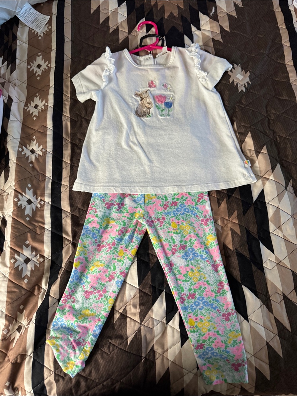 Girls White Ruffle-Sleeve Top and Floral Leggings Pajama Set
